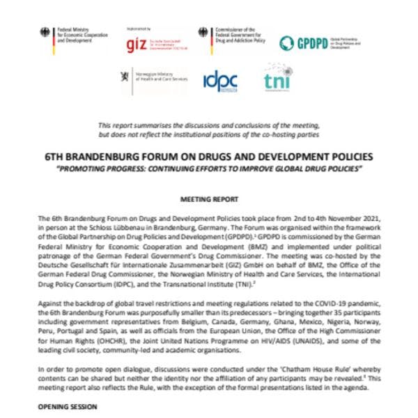 6e  rapport du Forum de Brandebourg sur les politiques des drogues et les politiques de développement