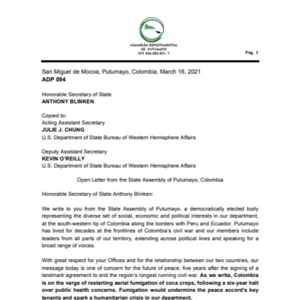 Colombia's Putumayo Department Legislative Assembly calls on the US State Department and Congress to stop support for forced eradication programme