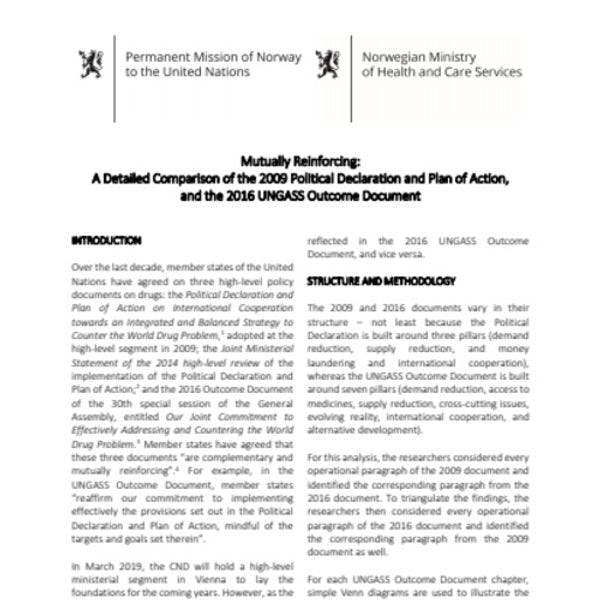 Renforcement mutuel : Une comparaison détaillé de la Déclaration politique de 2009, du Plan d’action et du Document final de l’UNGASS