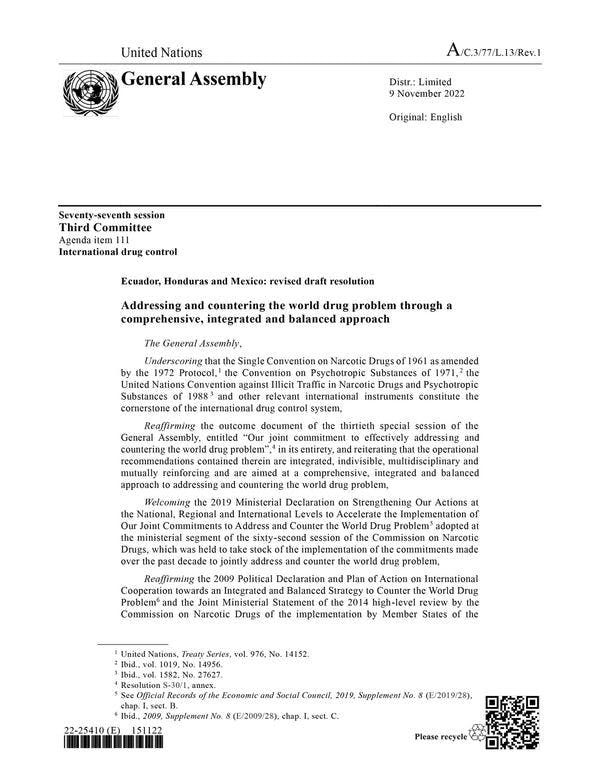 Addressing and countering the world drug problem through a comprehensive, integrated and balanced approach - 'Omnibus resolution' of the Third Committee of the UNGA