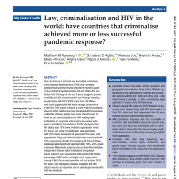 Law, criminalisation and HIV in the world: have countries that criminalise achieved more or less successful pandemic response?