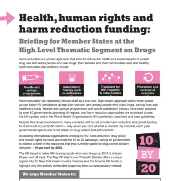 Health, human rights and harm reduction funding: Briefing for member states at the high level thematic segment on drugs