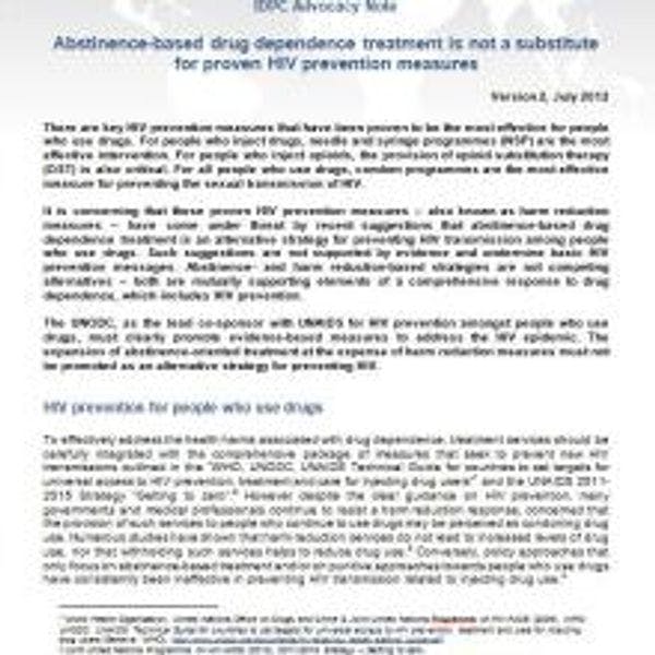 Nota para la incidencia política del IDPC – El tratamiento de la dependencia de drogas basado en la abstinencia no es sustituto de las medidas demostradas para la prevención del VIH
