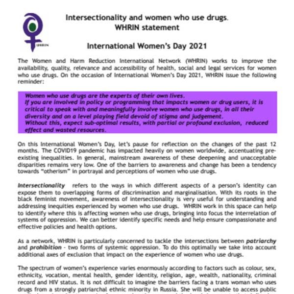 Intersectionality and women who use drugs. WHRIN statement on International Women’s Day 2021