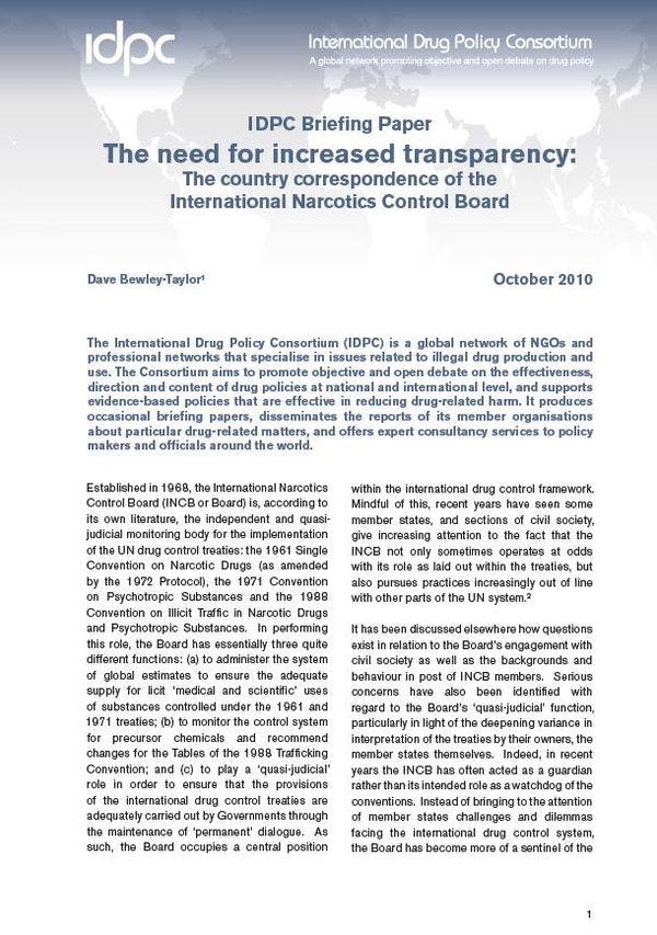 IDPC Briefing Paper - The need for increased transparency: The country correspondence of the INCB