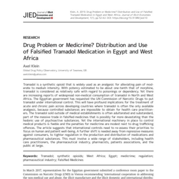 Drug problem or medicrime? Distribution and use of falsified tramadol medication in Egypt and West Africa