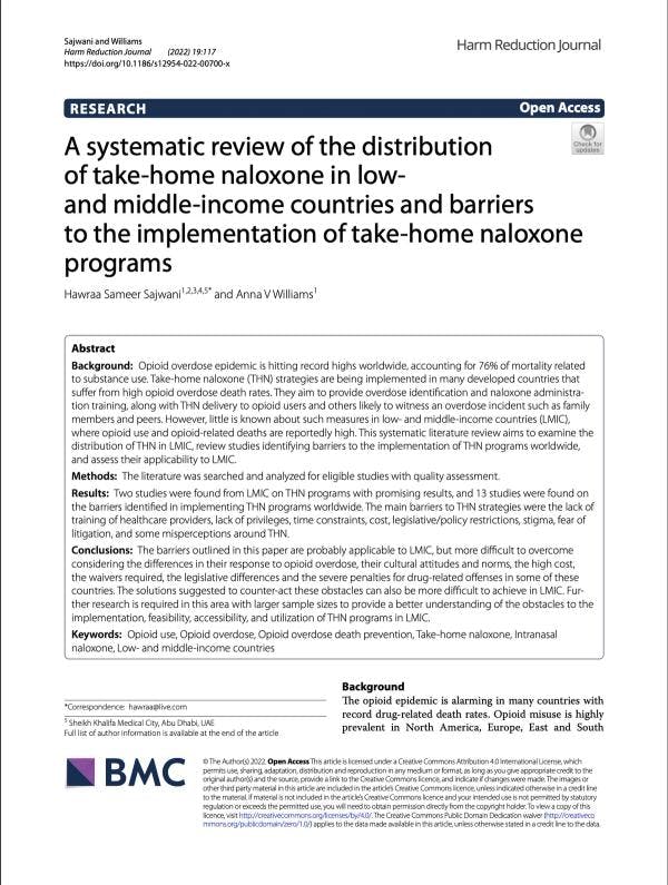 Revisión sistemática de la distribución de naloxona para llevar a casa en países de ingresos bajos y medios, así como de las barreras para la implementación de estos programas de distribución de naloxona
