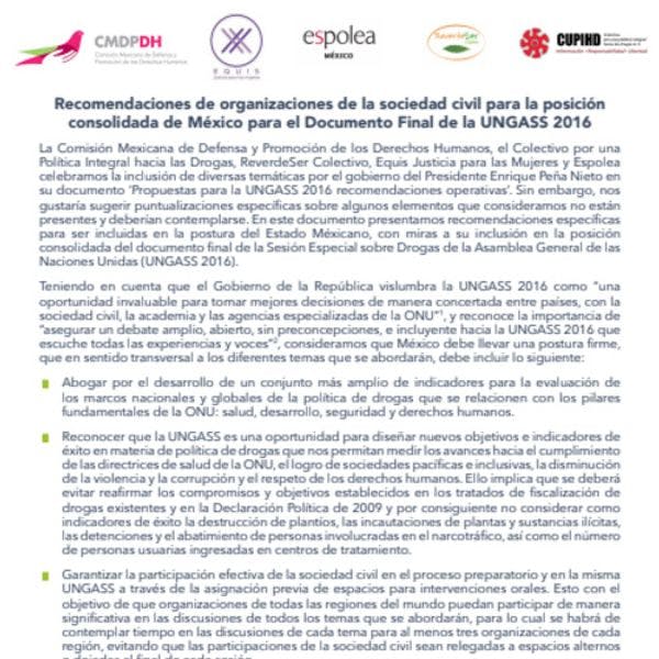 Recomendaciones de organizaciones de la sociedad civil para la posición consolidada de México para el Documento Final de la UNGASS 2016