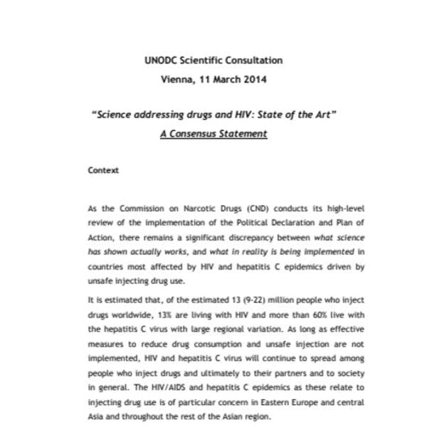 Declaración de consenso: situación de la ciencia en el ámbito de las drogas y el VIH