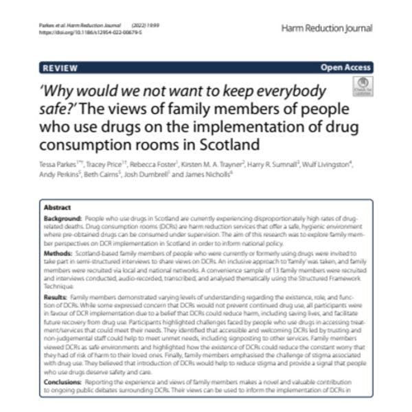 « Pourquoi ne voudrions-nous pas que tout le monde soit en sécurité ? » Le point de vue de membres de familles de personnes usagères de drogues sur la mise en œuvre de lieux de consommation à moindres risques en Écosse
