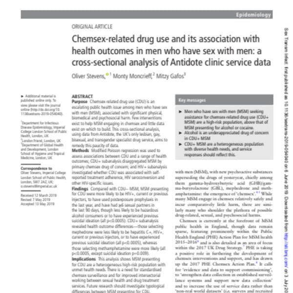 Usage de drogues lié au chemsex et problèmes de santé chez les hommes ayant des rapports sexuels avec d’autres hommes : Une analyse transversale des données collectées à la clinique Antidote (Royaume-Uni)