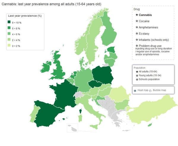 Mapas sobre la prevalencia de uso de drogas en Europa