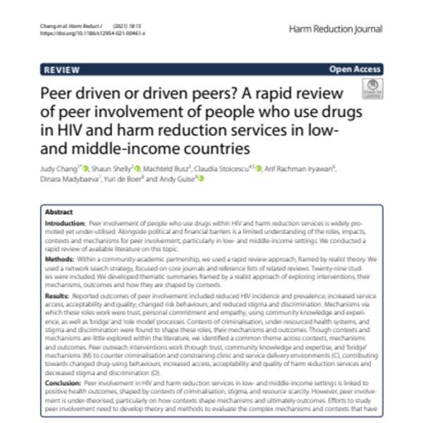 Peer driven or driven peers? A rapid review of peer involvement of people who use drugs in HIV and harm reduction services in low- and middle-income countries