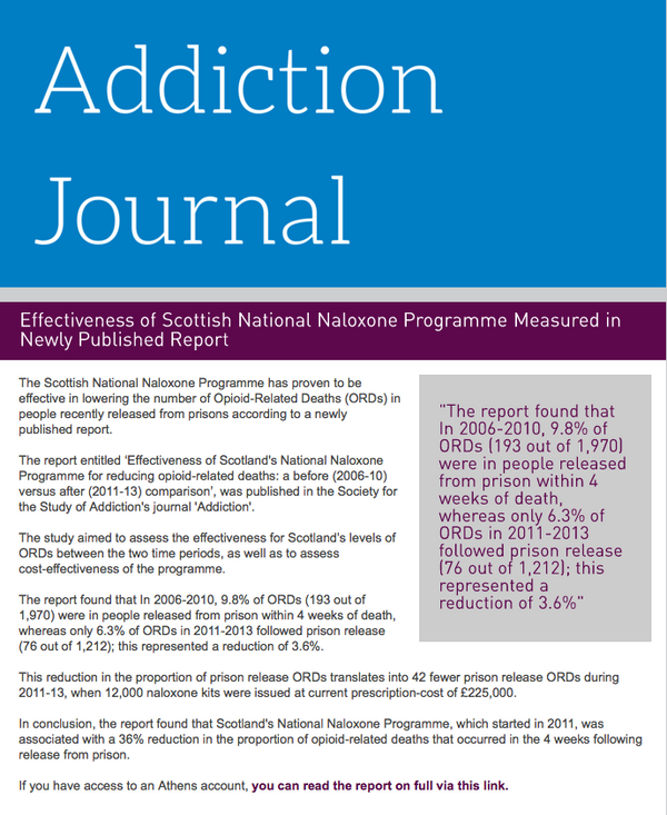 Ecosse - efficacité du Programme National permettant l’accès à la Naloxone pour réduire les décès liées à la prise d’opioïdes