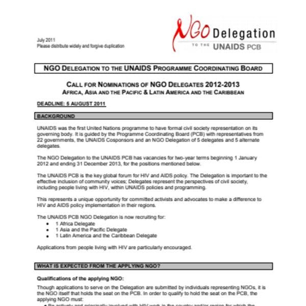 Call for Nominations of NGO Delegates 2012-2013 - UNAIDS Programme Coordinating Board NGO Delegation