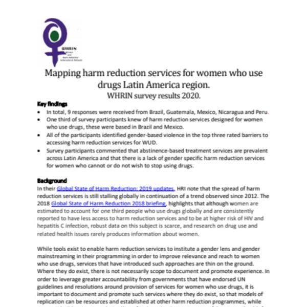 Trazando el mapa de servicios de reducción de daños para mujeres que consumen drogas - resultados de la encuesta regional del WHRIN