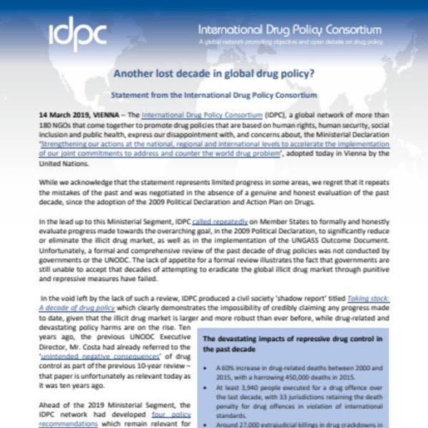 The ‘Vienna consensus’ stifles progress on UN drug policy: Statement by the International Drug Policy Consortium