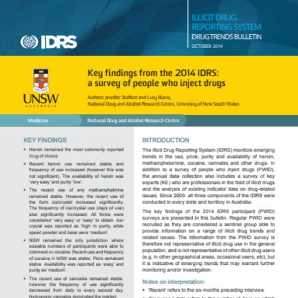 Key findings from the 2014 IDRS:  a survey of people who inject drugs in Australia