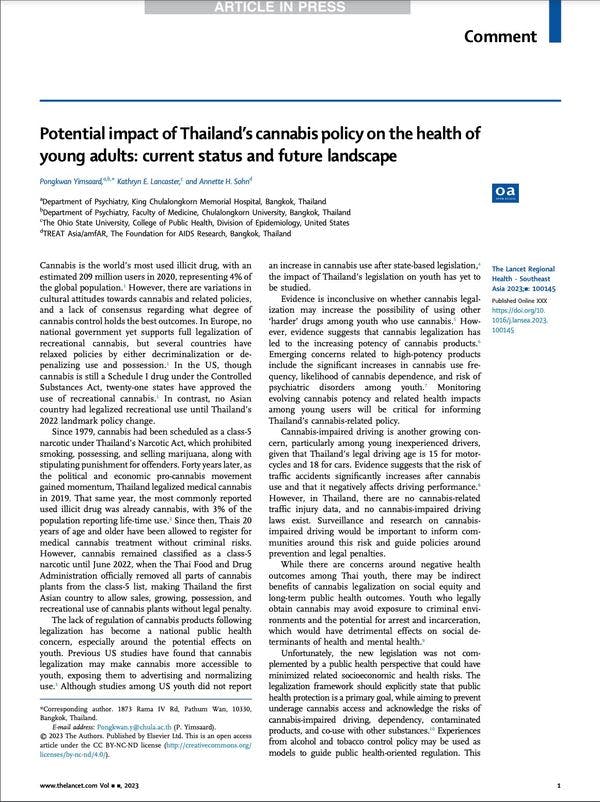Impacto potencial de las políticas referidas a cannabis en Tailandia sobre la salud de personas adultas jóvenes: situación actual y panorama futuro