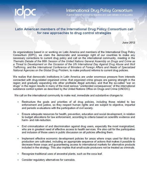 Latin American members of the International Drug Policy Consortium call for new approaches to drug control strategies