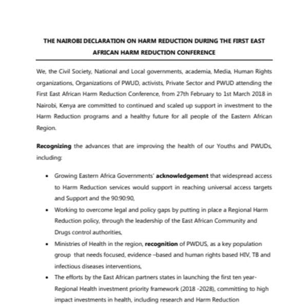 The Nairobi Declaration on harm reduction during the first East African Harm Reduction Conference (EAHRC)