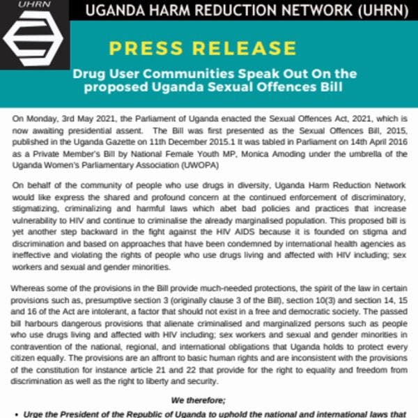 Drug user communities speak out on the proposed Uganda sexual offences bill