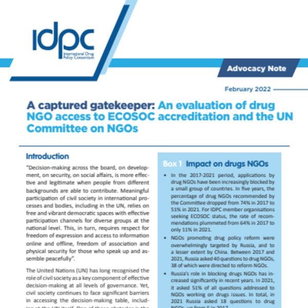 Évaluation de l'accès des ONG relatives aux politiques des drogues à l'accréditation de l'ECOSOC et du Comité des ONG de l'ONU