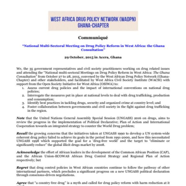 Déclaration de la réunion multisectorielle nationale sur la réforme des politiques des drogues en Afrique de l’Ouest : la consultation au Ghana