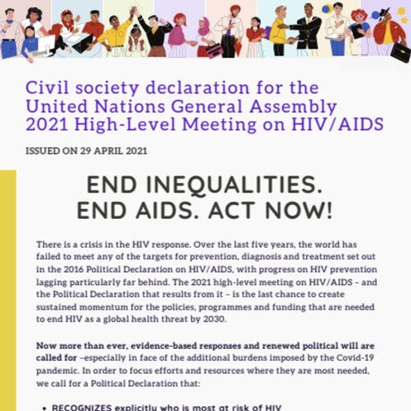 Déclaration de la société civile en vue de la Réunion de haut niveau de 2021 de l’Assemblée générale des Nations Unies sur le VIH/SIDA