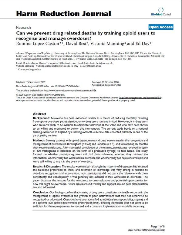 Can we prevent drug related deaths by training opioid users to recognise and manage overdoses?
