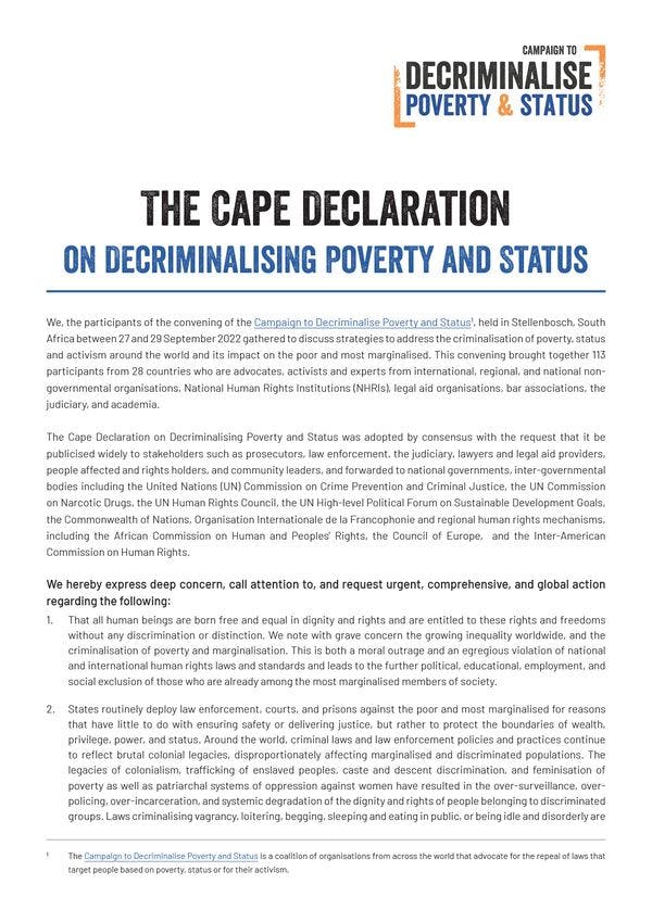 La Déclaration du Cap pour décriminaliser la pauvreté et le statut