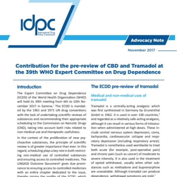 IDPC contribution for the pre-review of CBD and Tramadol at the 39th WHO Expert Committee on Drug Dependence