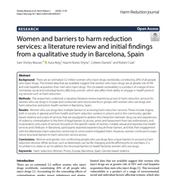 Mujeres y barreras a los servicios para reducción de daños: Una revisión bibliográfica y hallazgos iniciales de un estudio cualitativo realizado en Barcelona, España.