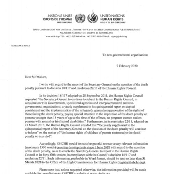 OHCHR call for contributions: Report on the death penalty