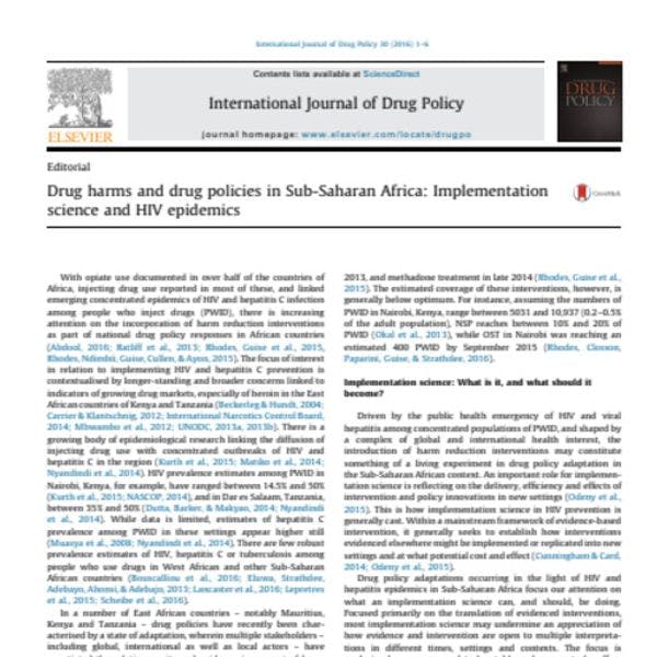 Drug harms and drug policies in Sub-Saharan Africa: Implementation science and HIV epidemics