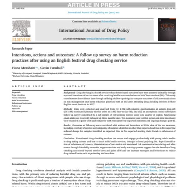 Intentions, actions and outcomes: A follow up survey on harm reduction practices after using an English festival drug checking service