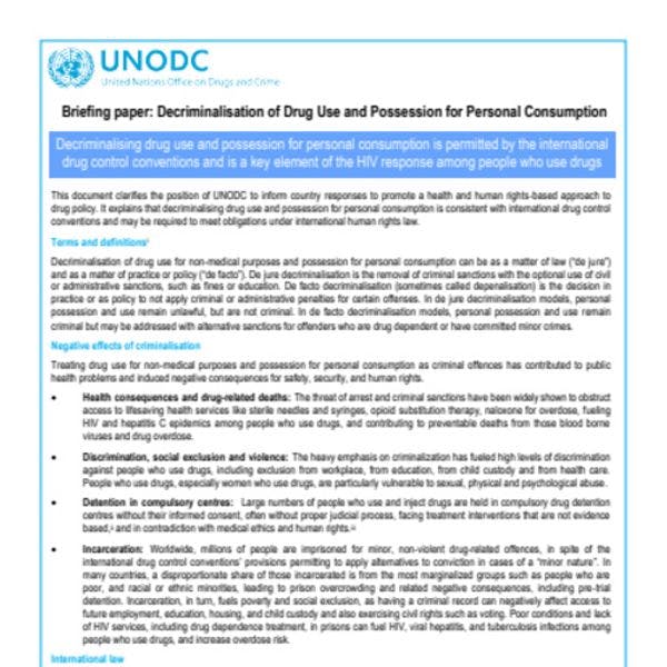 UNODC pediría la descriminalización del uso  y la posesión de drogas para consumo personal