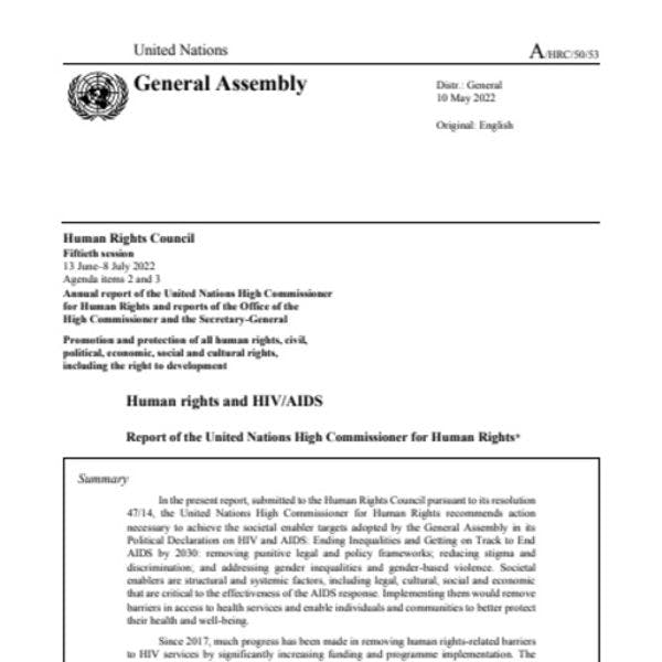 Human rights and HIV/AIDS - Report of the United Nations High Commissioner for Human Rights